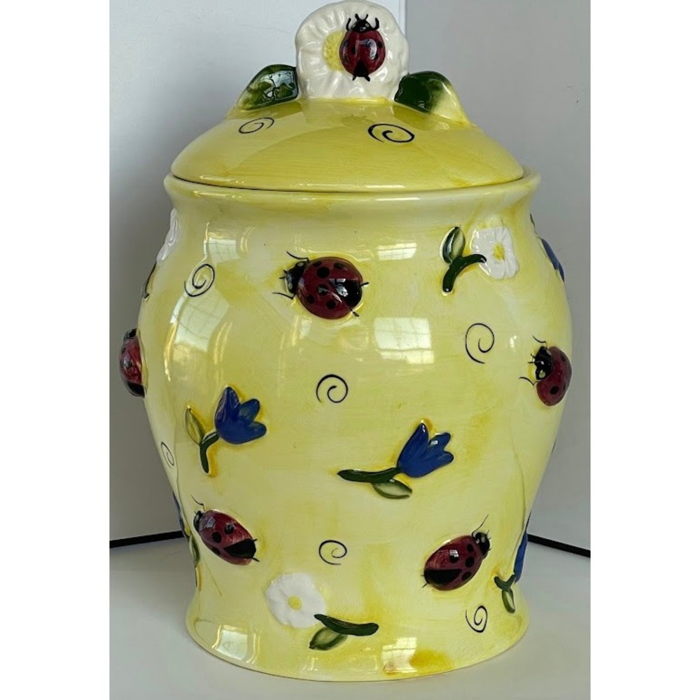 Winterthur Ladybug Cookie Jar Kitchen Canister Yellow Floral Excellent Condition